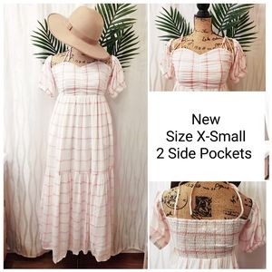 New without Tags-Size XS- Puff Short Sleeve A-Line Dress- White/Pink- Lined Boho